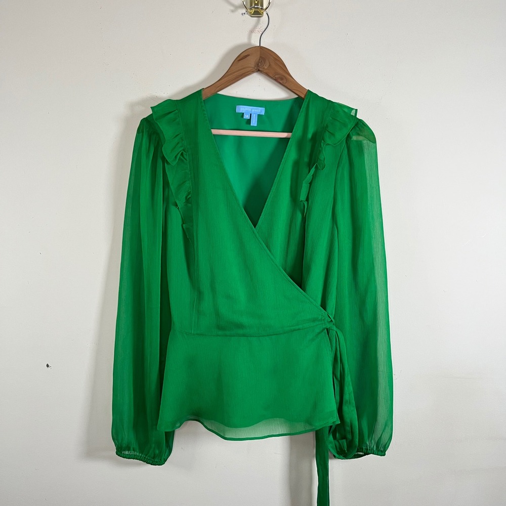 Draper James Wrap Top Green Blouse Womens 12 Balloon Sleeves Boho Chic